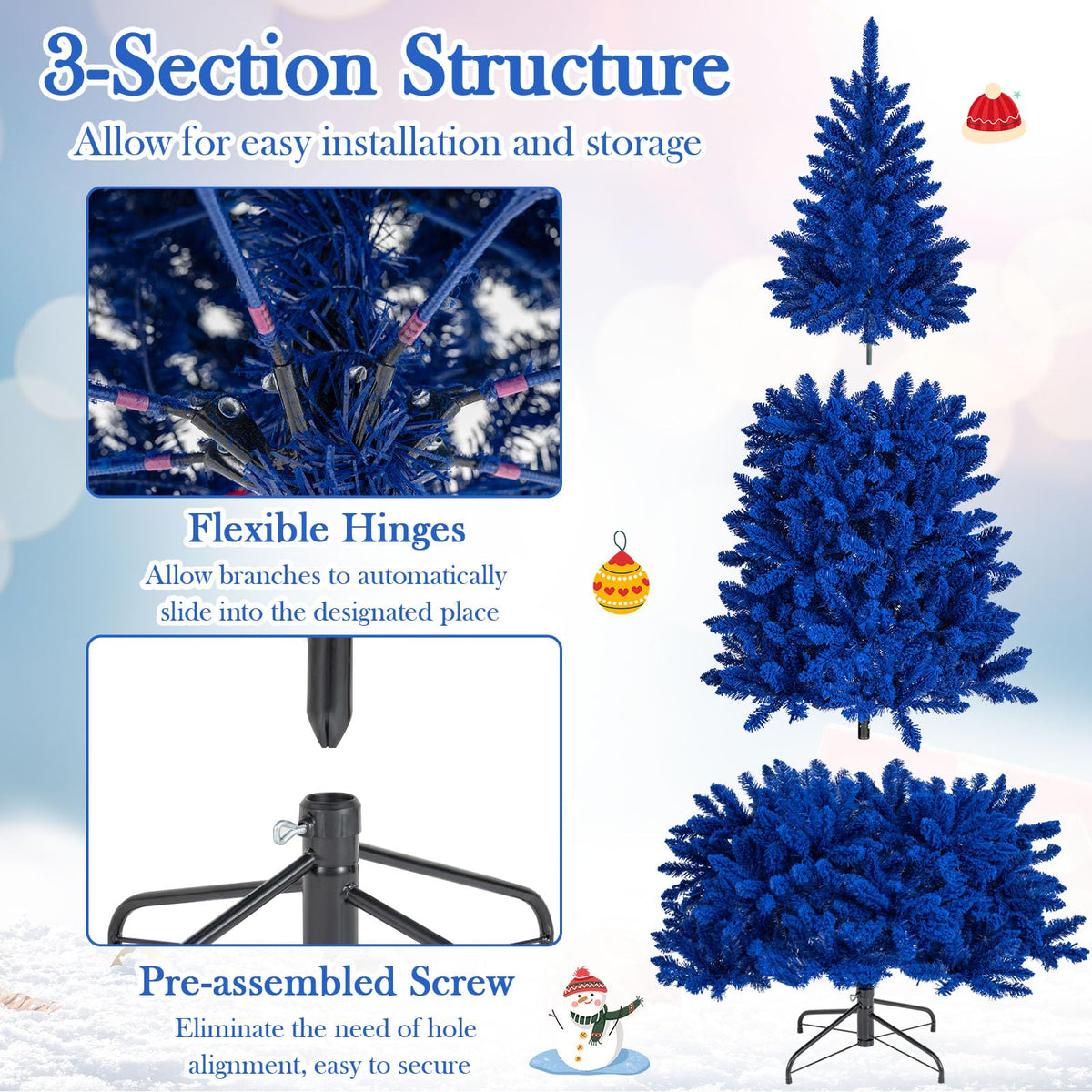 Lucktree 7 FT Pre-Lit Royal Blue Snow Flocked Christmas Tree with 340 LED Lights