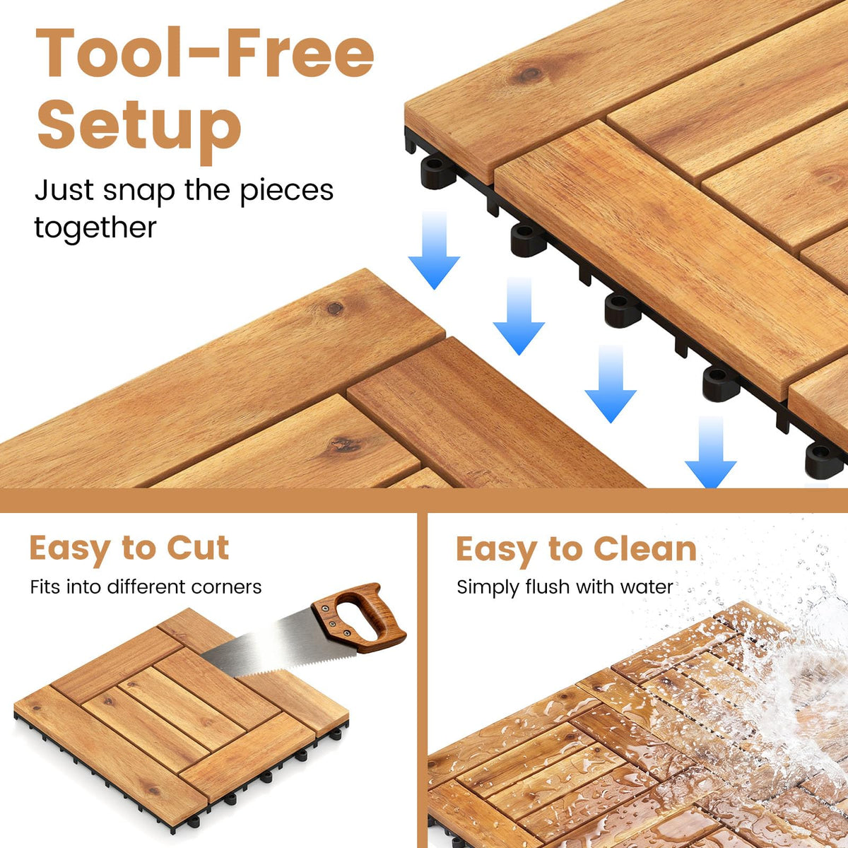 Lucktree 12" x 12" Acacia Wood Interlocking Patio Flooring Tiles with Drainage Base
