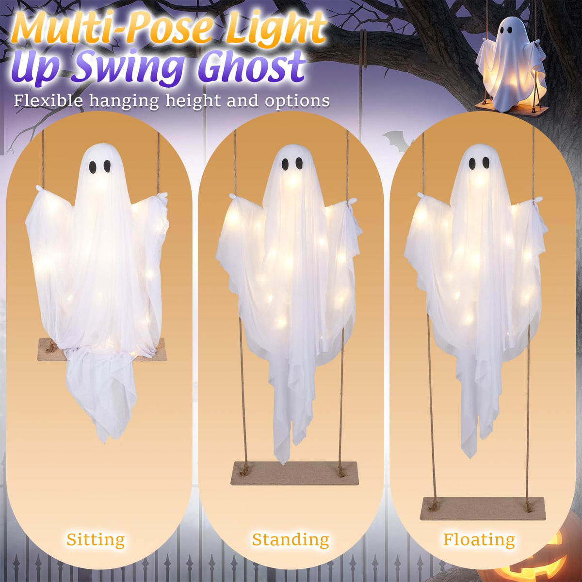 5 FT Halloween Hanging Swing Ghost Decoration with LED Lights