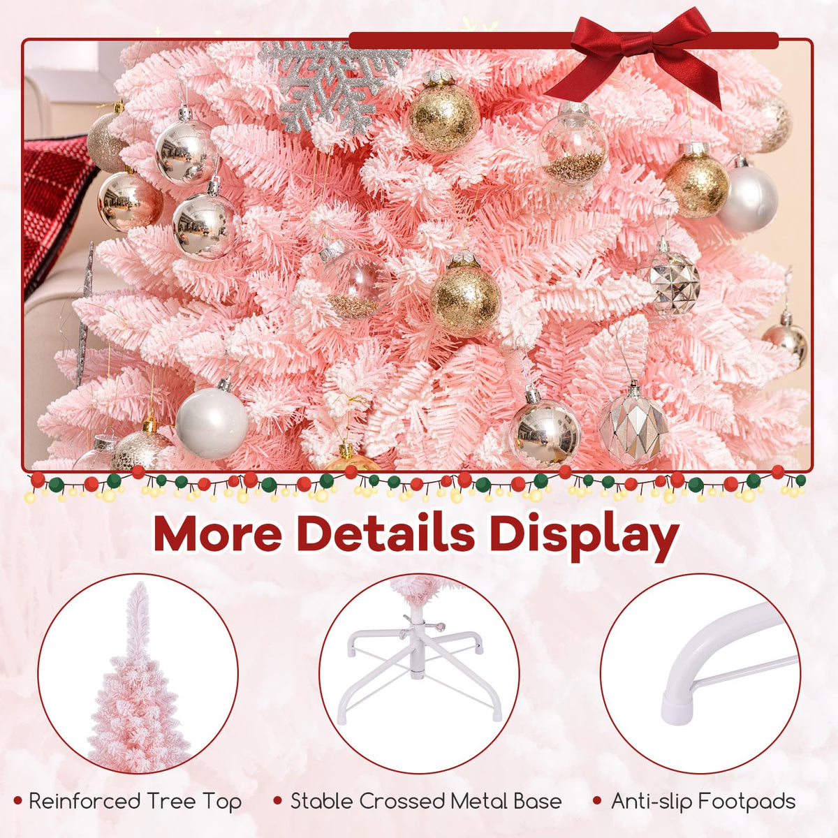 Lucktree 6ft Pink Slim Pencil Christmas Tree, Artificial Unlit Skinny Xmas Full Tree with 460 Branch Tips