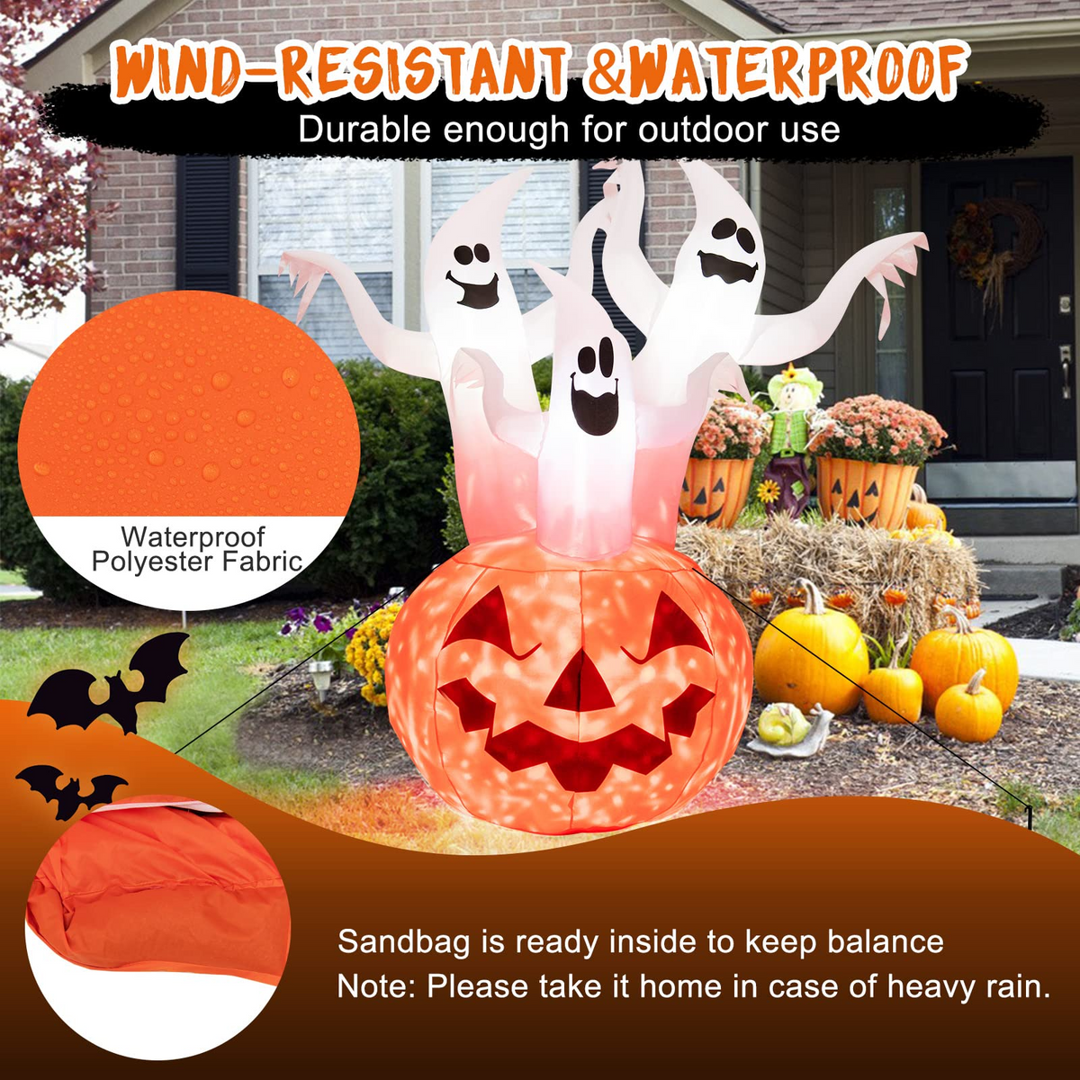 Lucktree 6 FT Inflatable Halloween 3 White Ghosts with Pumpkin, Blow-up Yard Decoration with Built-in LED Lights & Rotating Lamp