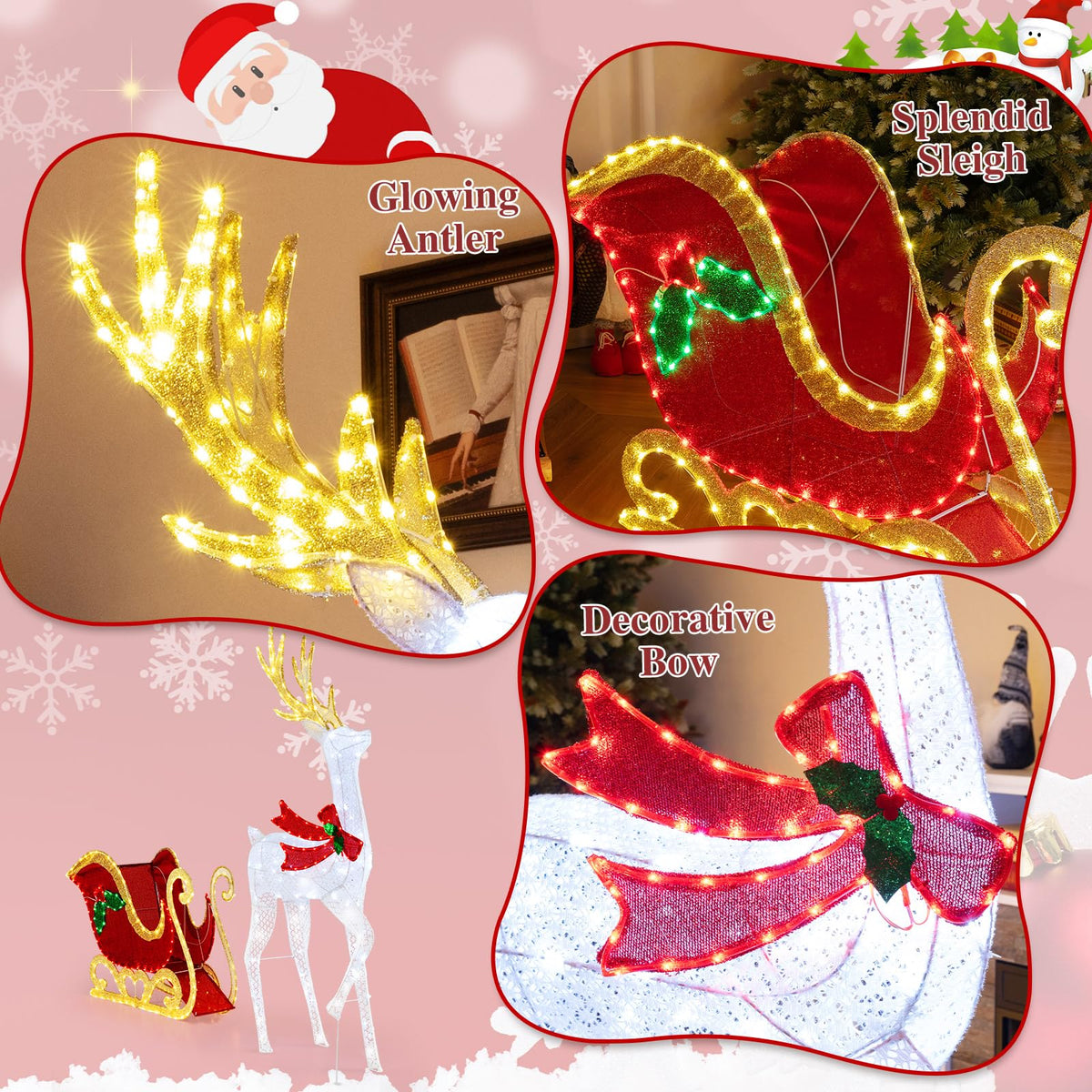 Lucktree Lighted Christmas Reindeer & Sleigh Set, Light-up Xmas Decorations with 462 LED Lights