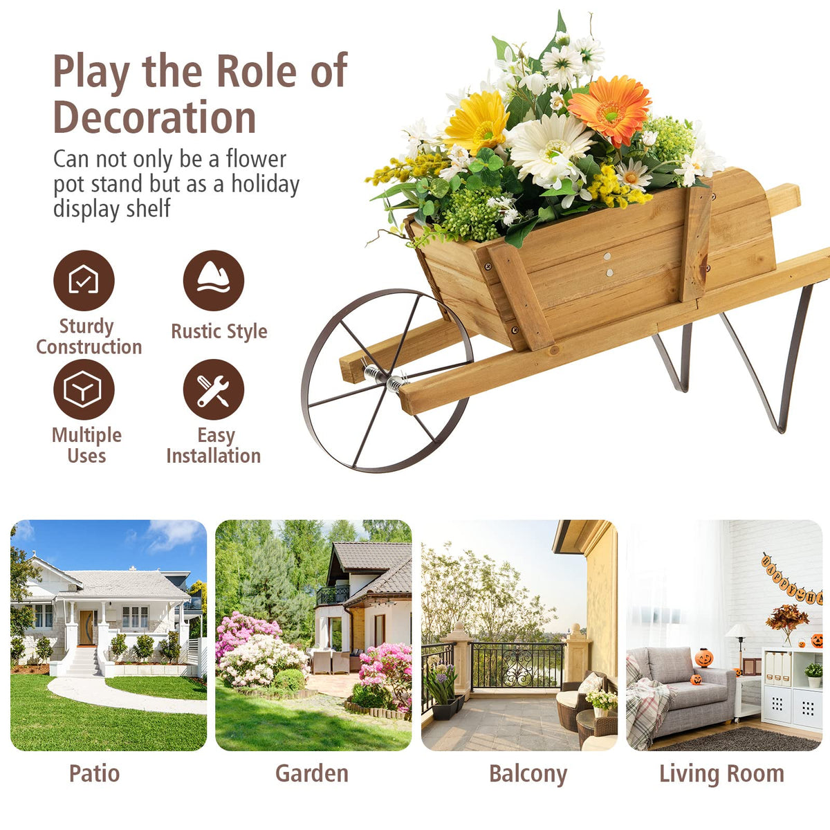 Lucktree Wooden Wagon Planter, Small Wheelbarrow Wagon Flower, Indoor & Outdoor Raised Bed