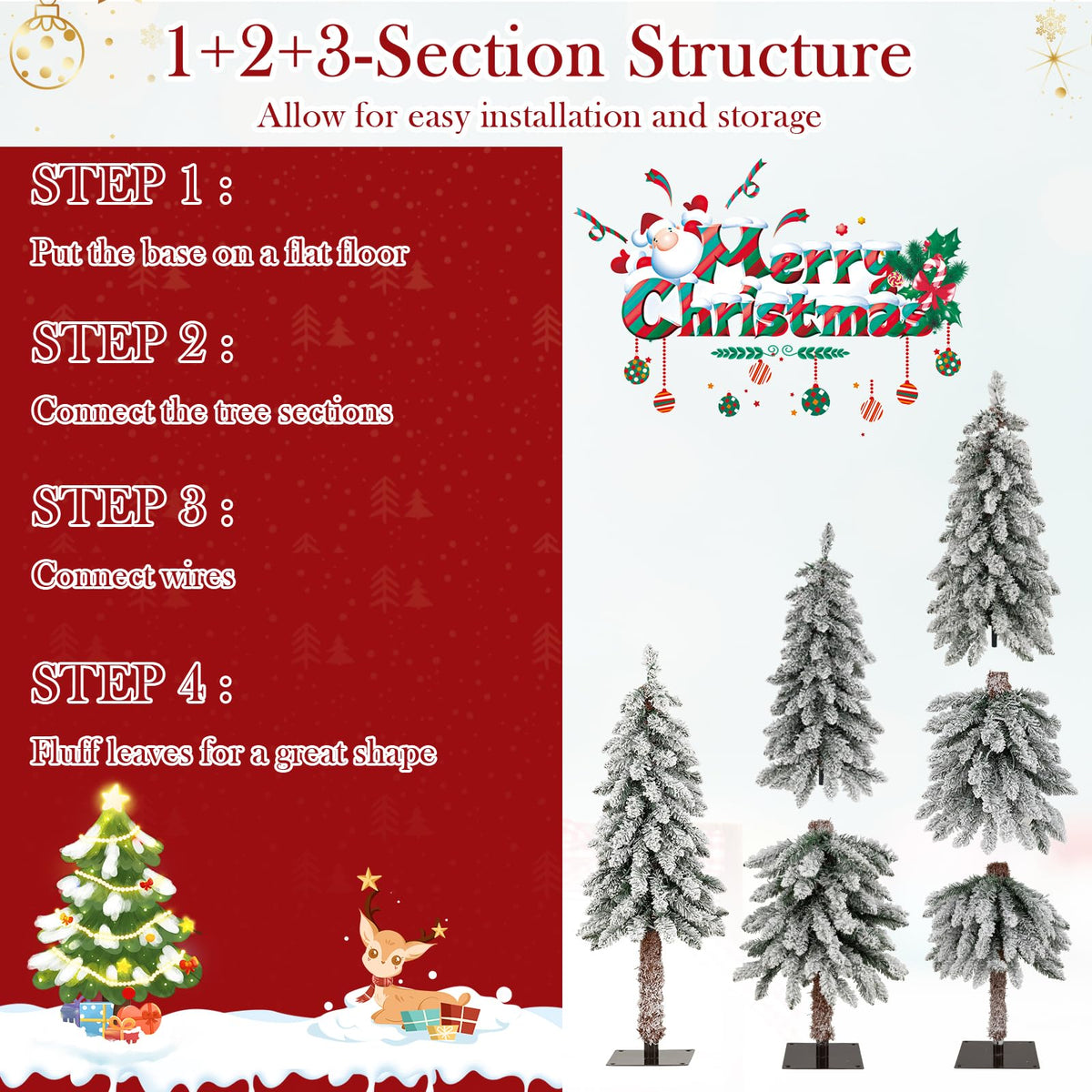 Lucktree 3' 4' 5' Pre-Lit Snow Flocked Christmas Tree Set of 3 with 300 Multicolored LED Lights