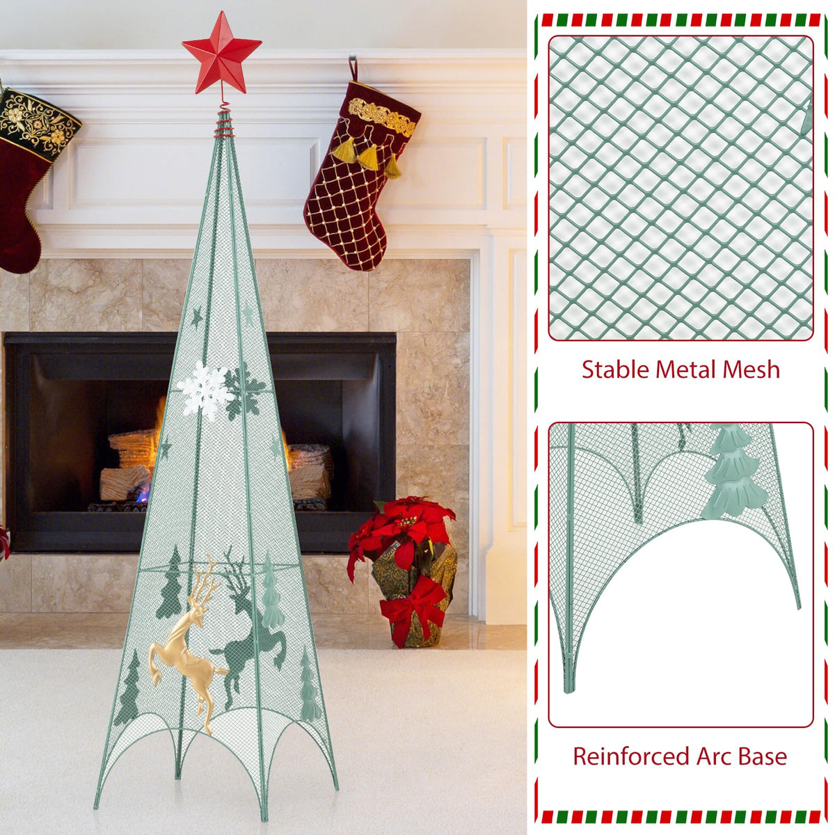 Lucktree Set of 3 Tower Shaped Christmas Trees (3ft/3.5ft/4ft), Artificial Xmas Metal Trees with Removable Star Toppers & Reindeer