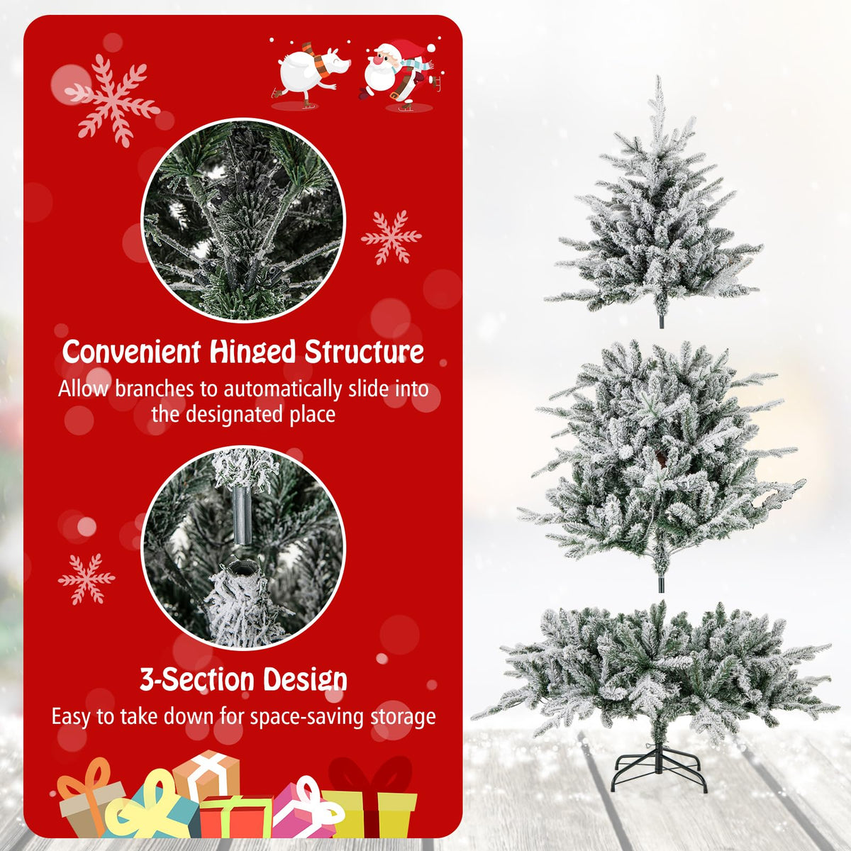 Lucktree 6ft Pre-Lit Snow Flocked Christmas Tree, Artificial Hinged Full Xmas Tree with 260 Multicolored LED Lights