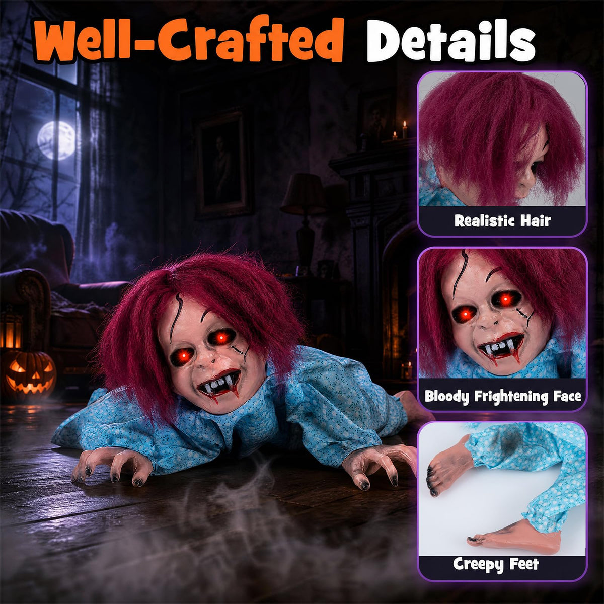 Lucktree 28" Halloween Animated Crawling Baby Doll with Glowing Eyes