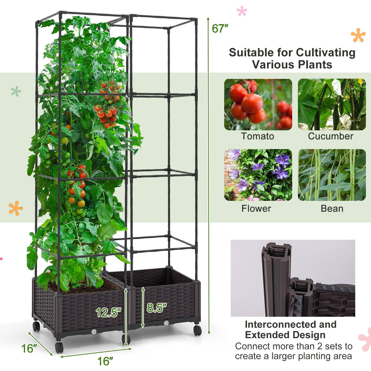 Lucktree Raised Garden Bed with Tomato Cages, 67” Adjustable Height