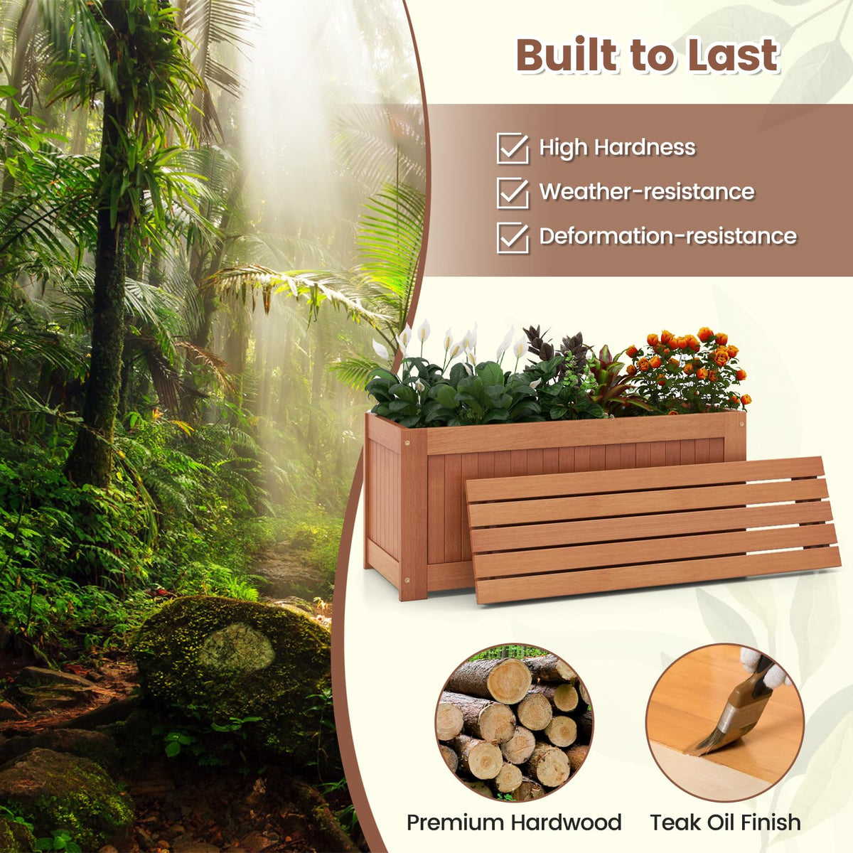 Lucktree 2-in-1 Outdoor Bench, Wood Raised Garden Bed with Open Base, Teak Oil Finish