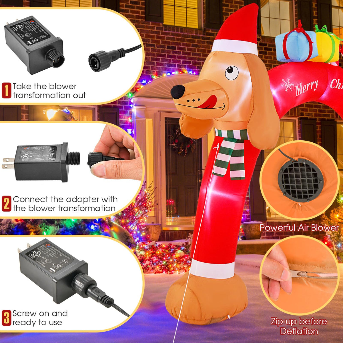 Lucktree 10 FT Lighted Inflatable Christmas Dachshund Arch, Blow Up Christmas Arch w/LEDs & Built-in Air Blower