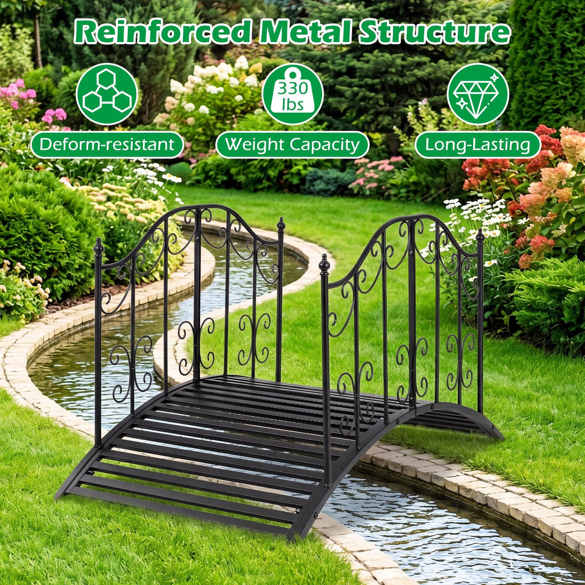Lucktree 4 FT Metal Garden Bridge with Powder-Coated Finish & Scrollwork Rails
