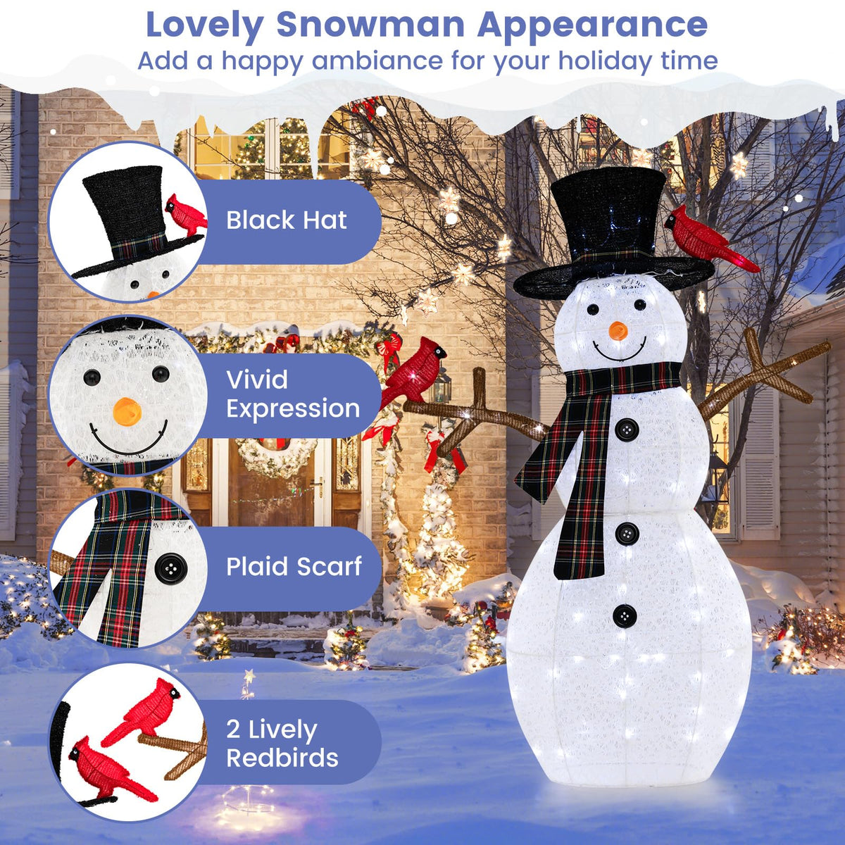4.2 FT Lighted Christmas Snowman with Redbirds - Lucktree