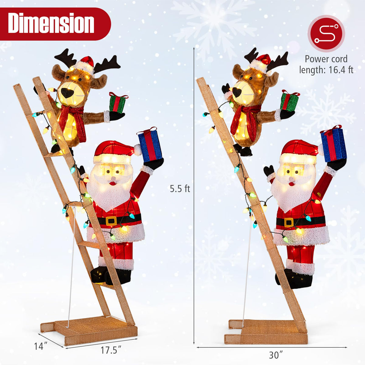Lucktree 5.5 FT Lighted Reindeer & Santa Claus on Ladder