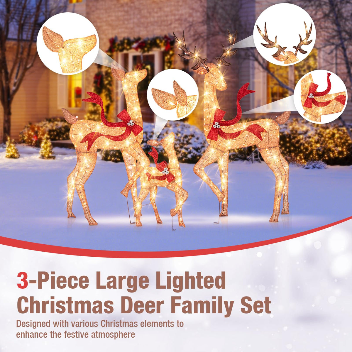 Lucktree 3-Piece Large Lighted Christmas Reindeer Family, Light up Xmas Decorations w/440 LED Lights