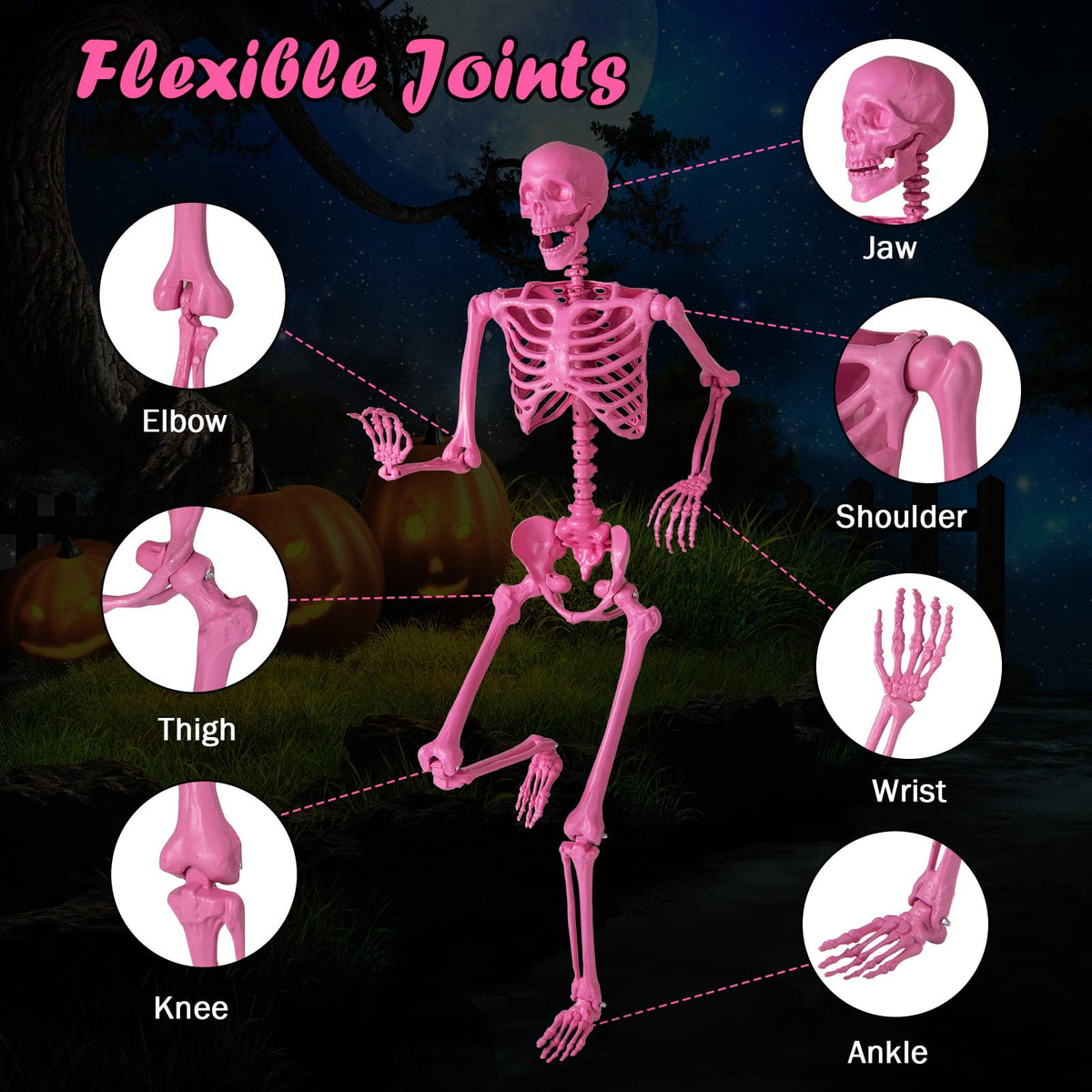 Lucktree 5.5 FT Halloween Pink Skeleton Life-Size Poseable Skeleton with Movable Joints