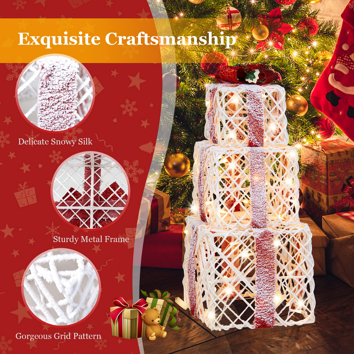 Lighted Gift Boxes Christmas Decoration, Set of 3 White Present Ornament Boxes with 60 LED Lights - LucktreeUS
