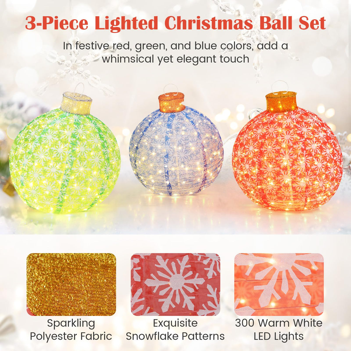 Lucktree Christmas Lighted Pop up Ornaments Set of 3, Outdoor Xmas Lighted Hanging Lanterns with Warm White LED Lights