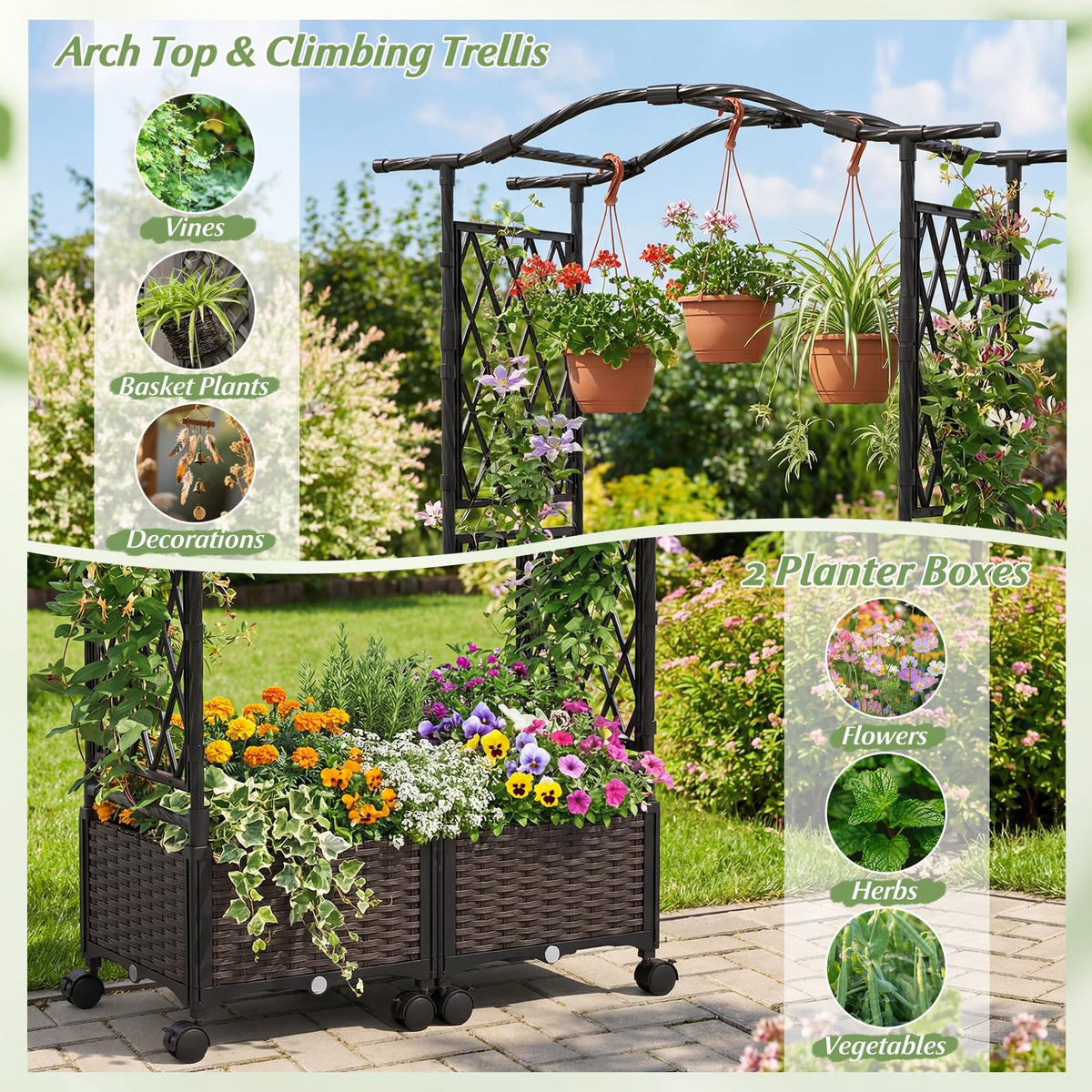 Lucktree Planter Boxes with Arch Trellis for Climbing Vines Vegetables Flowers