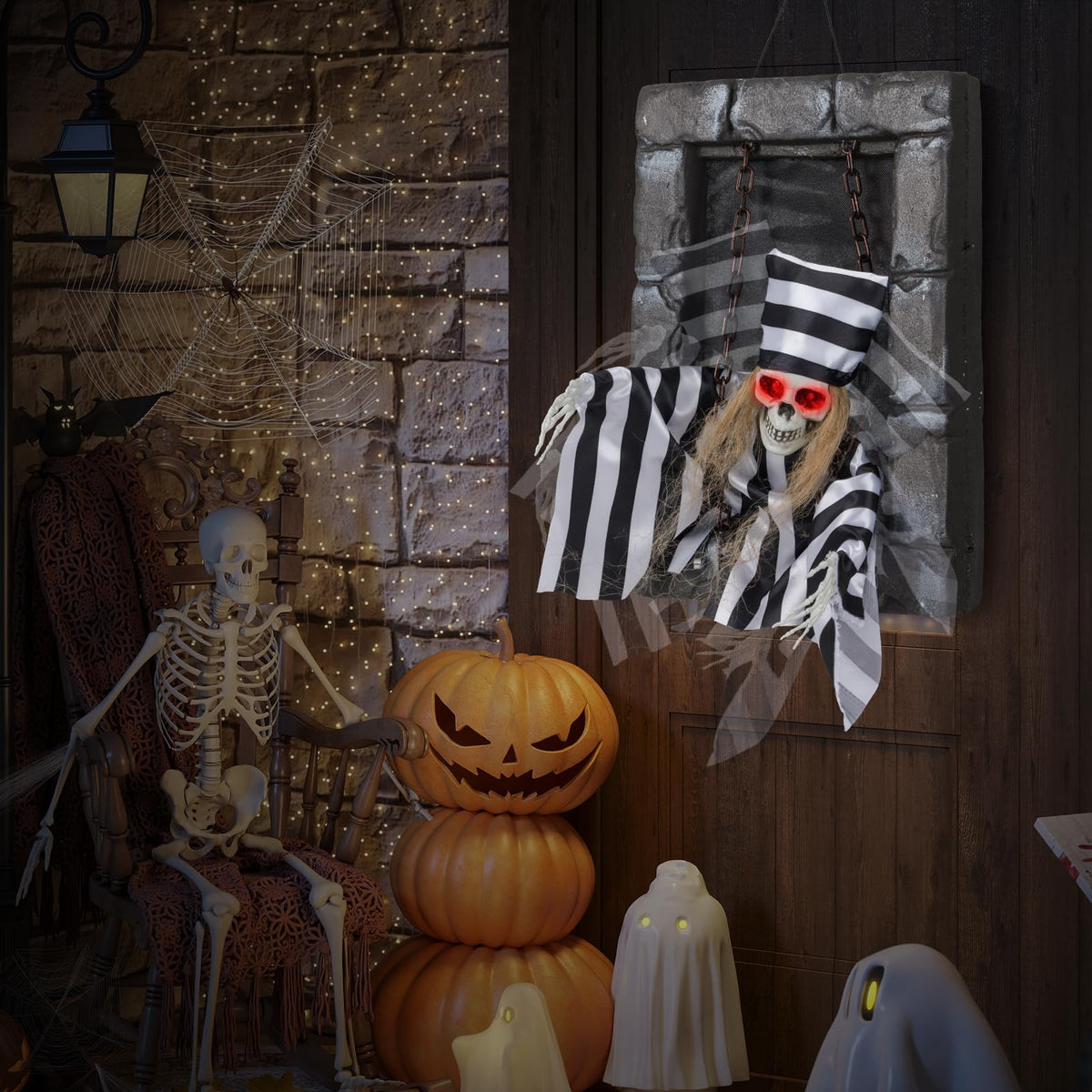 Lucktree Animated Halloween Decoration, 18” Hanging Skull Prisoner