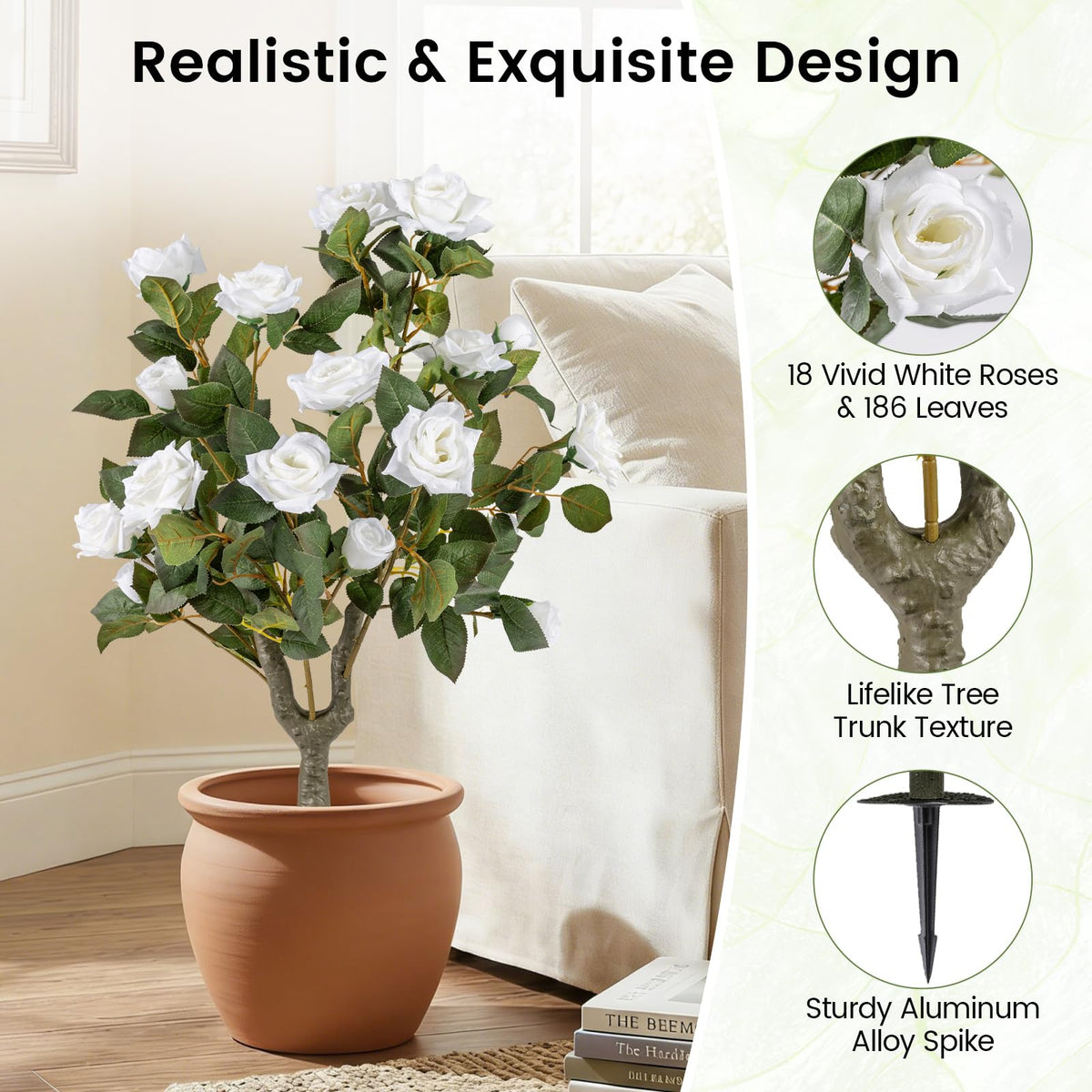 Lucktree 31.5” 2 Pack Artificial Rose Flower Trees with Spikes & 18 White Flowers