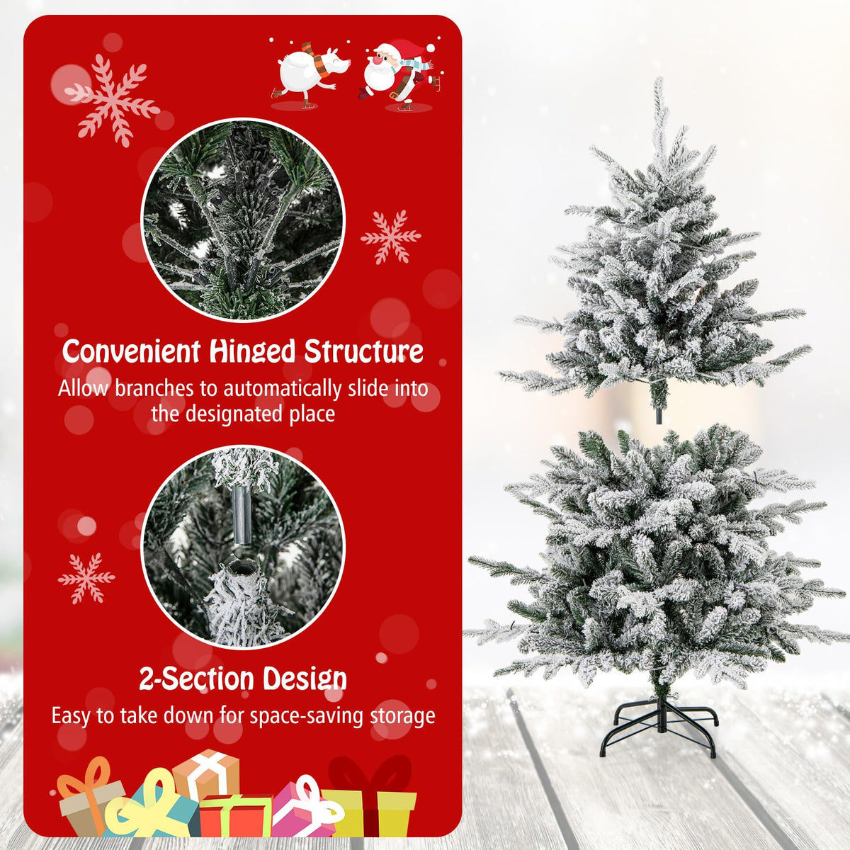 Lucktree 4.5ft Pre-Lit Snow Flocked Christmas Tree, Artificial Hinged Full Xmas Tree with 160 Multicolored LED Lights