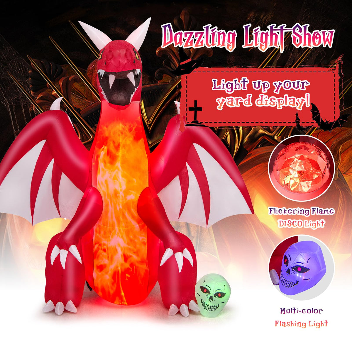 Lucktree 8 FT Halloween Inflatable Fire Dragon, Blow-up Red Dragon
