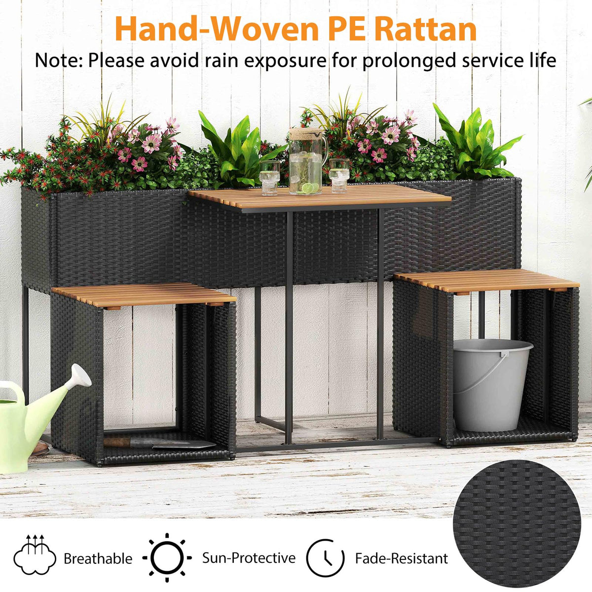 Lucktree PE Rattan Garden Planter Table with Built-in Chairs and Storage Space