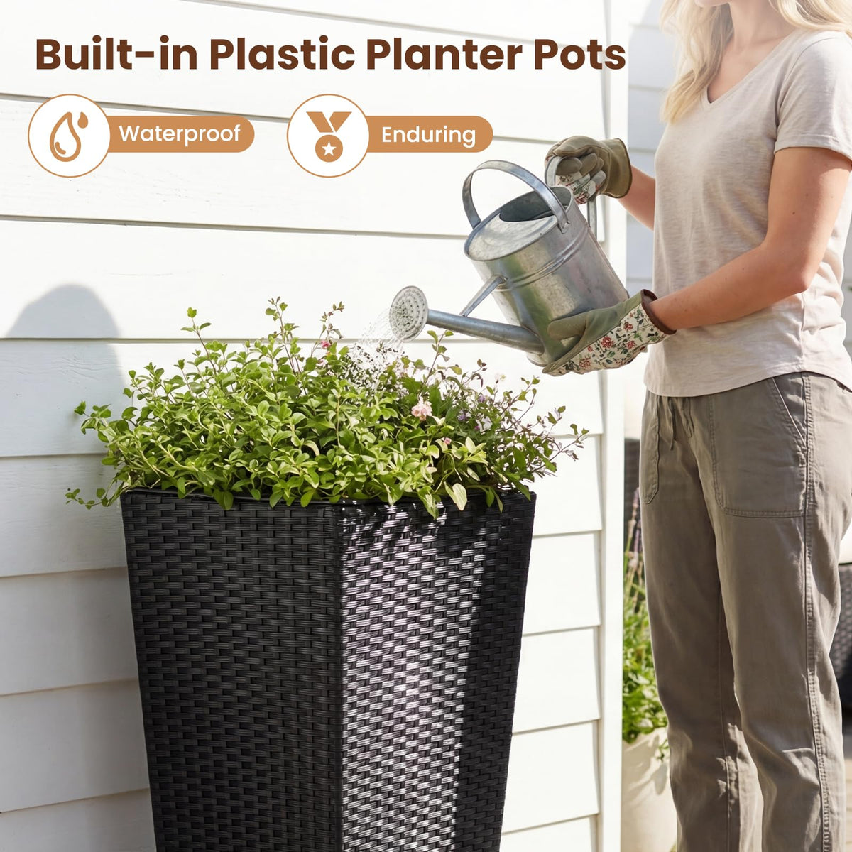Lucktree Set of 2 Rattan Tall Plant Pots with Detachable Plastic Liners