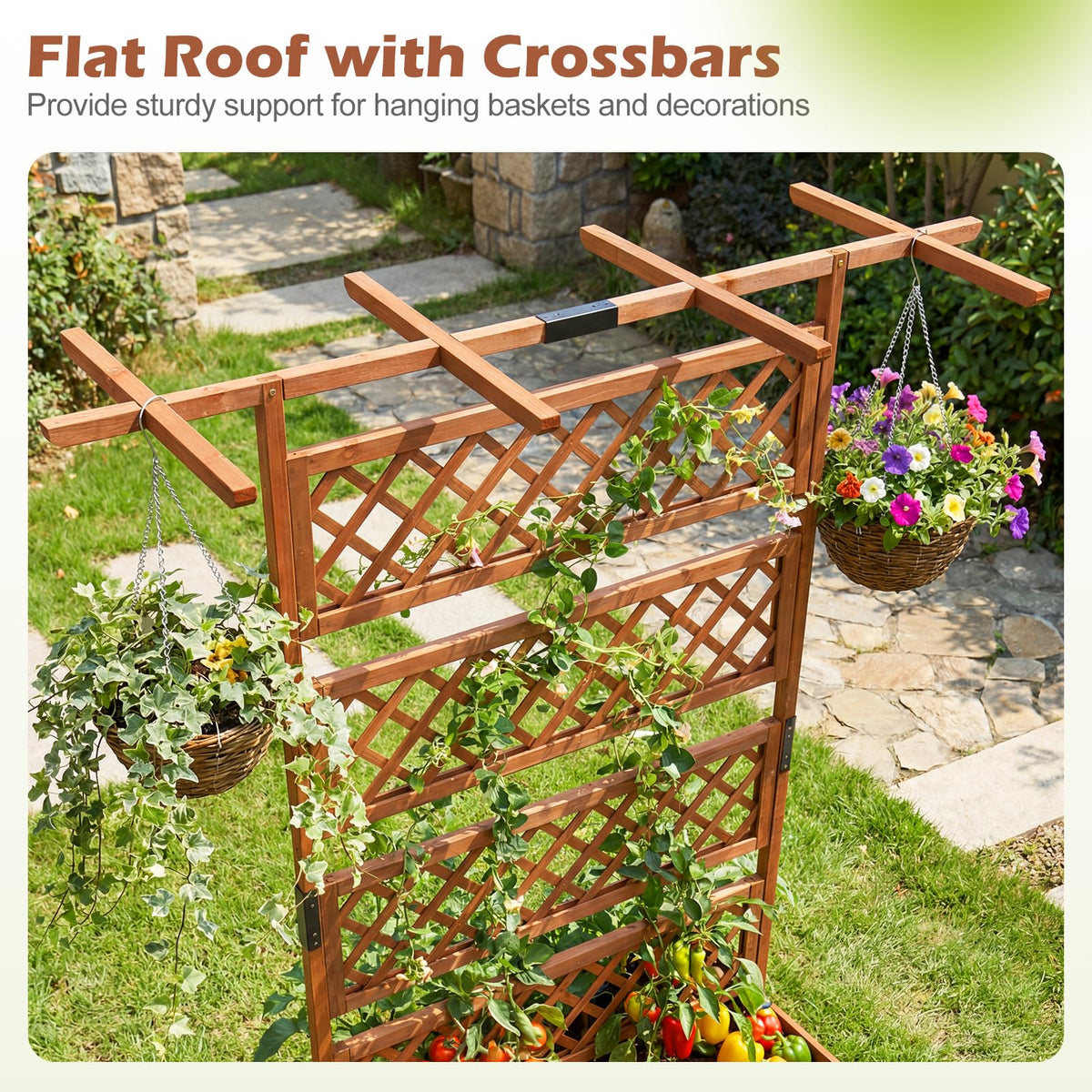 Lucktree 72" Wooden Raised Garden Bed with Trellis w/Privacy Screen Roof