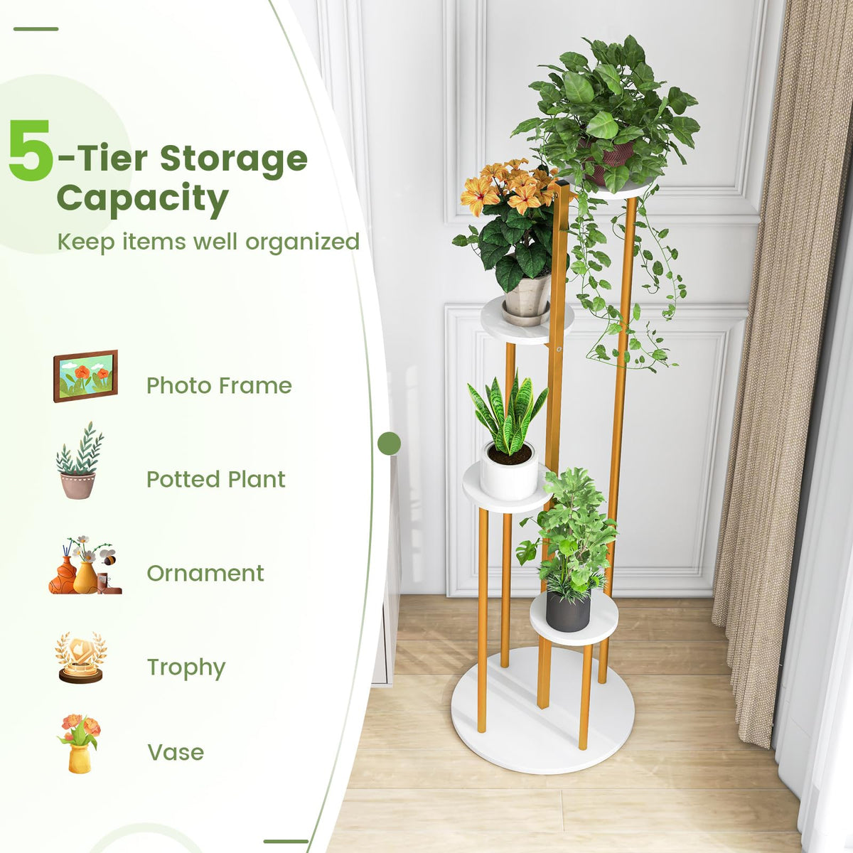 Lucktree 4 Tier Plant Stand Indoor, Tall Plant Shelf with Marble Texture for Multiple Potted Plants, Tiered Metal Plant Holder Flower Display Rack for Living Room Balcony Porch