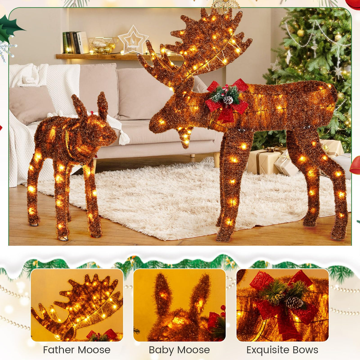 Lucktree 2 Pieces Lighted Christmas Moose Family, Light-up Xmas Deer Decorations with 170 LED Lights