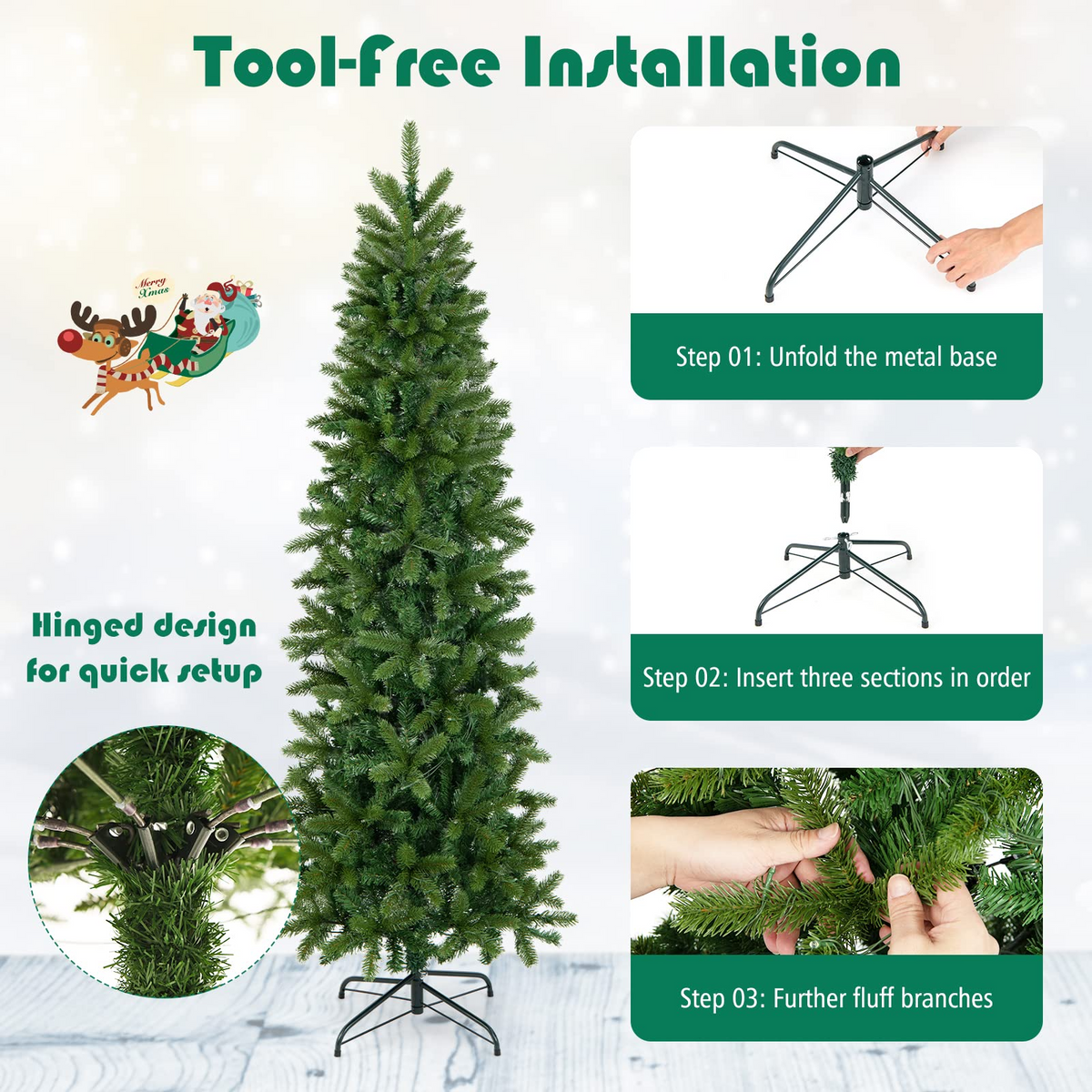 Lucktree 6ft / 7ft Pre-Lit Pencil Christmas Tree, Hinged Artificial Slim Tree with 648 PVC PE Branch Tips - LucktreeUS