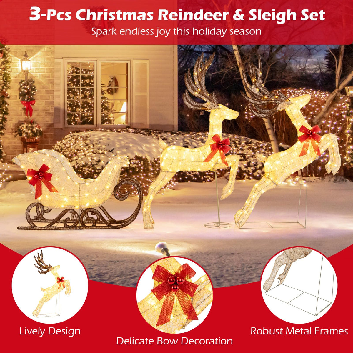 Lucktree 3-Piece Christmas Lighted Reindeer & Sleigh Set