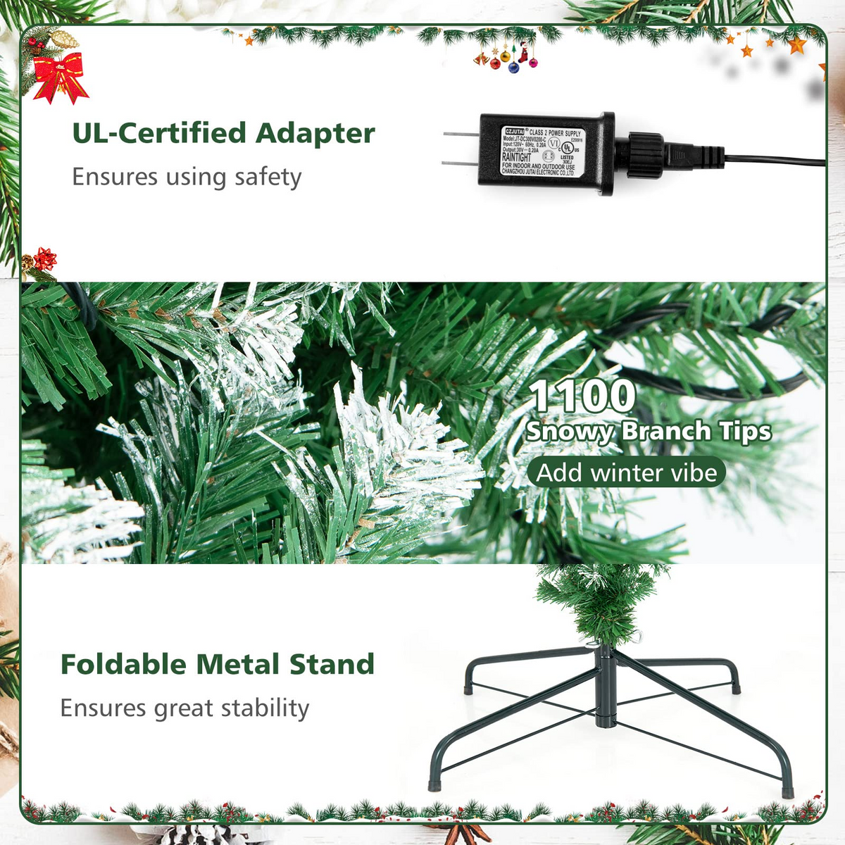 Lucktree 7.5ft Pre-lit Upside Down Christmas Tree, Hinged Inverted Artificial Xmas Tree W/ 1100 Snowy Branch Tips - LucktreeUS