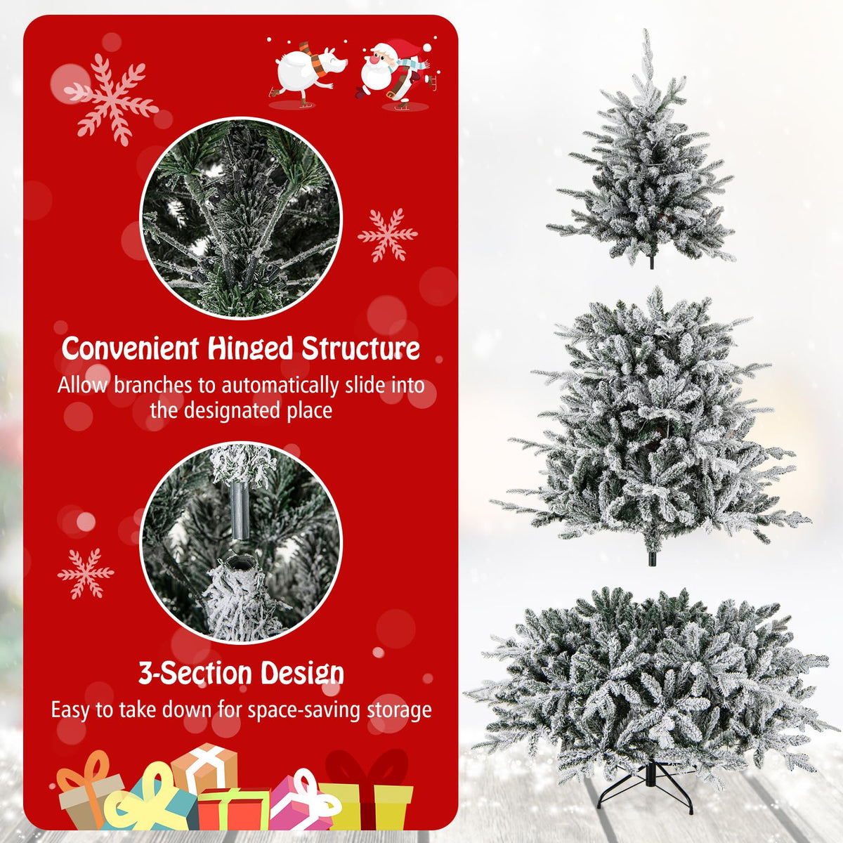Lucktree 7ft Pre-Lit Snow Flocked Christmas Tree, Artificial Hinged Full Xmas Tree with 350 Multicolored LED Lights