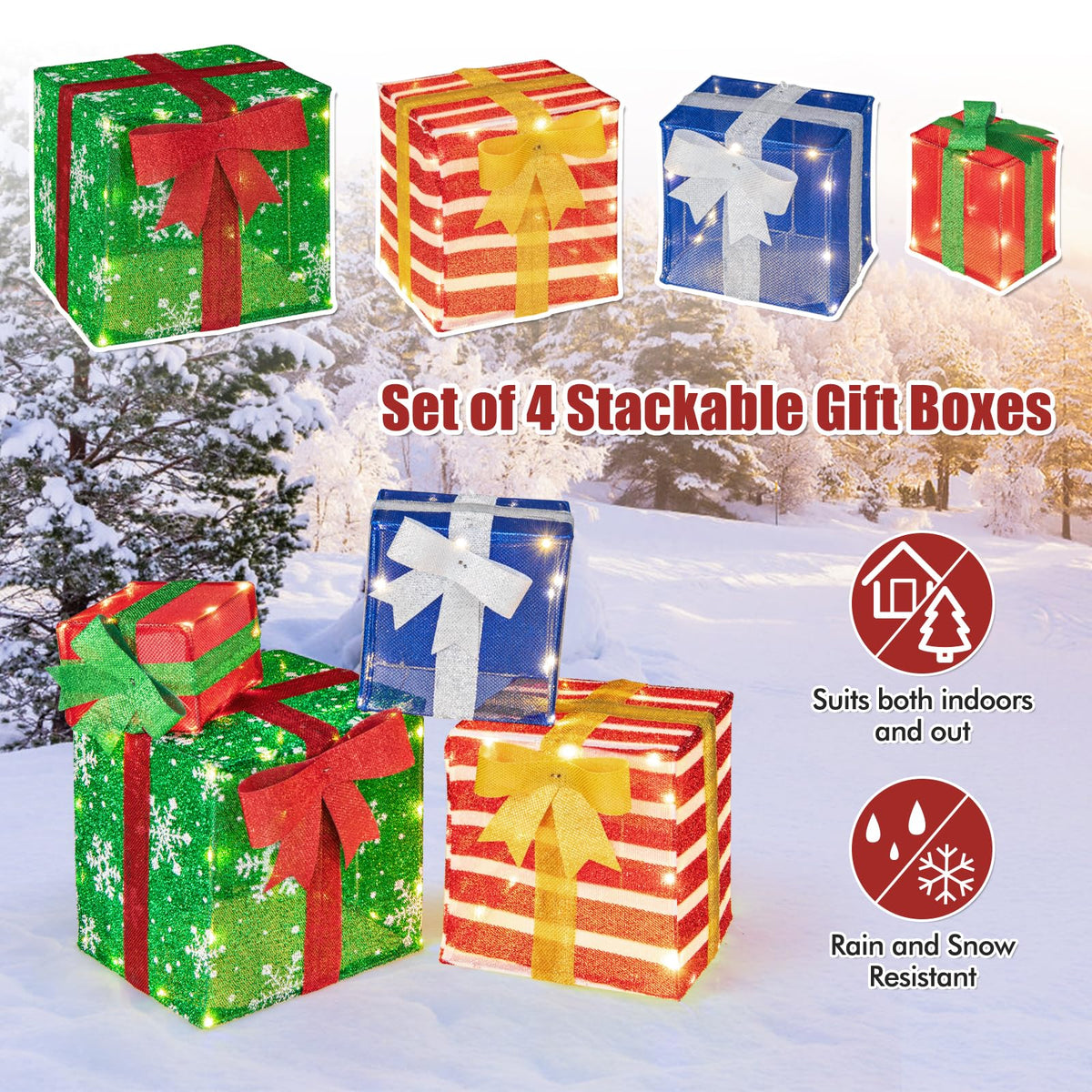 Lucktree Lighted Gift Boxes, Set of 4 Stackable Pre-lit Box Decorations with Warm White LED Lights & Pre-Assembled Ribbons