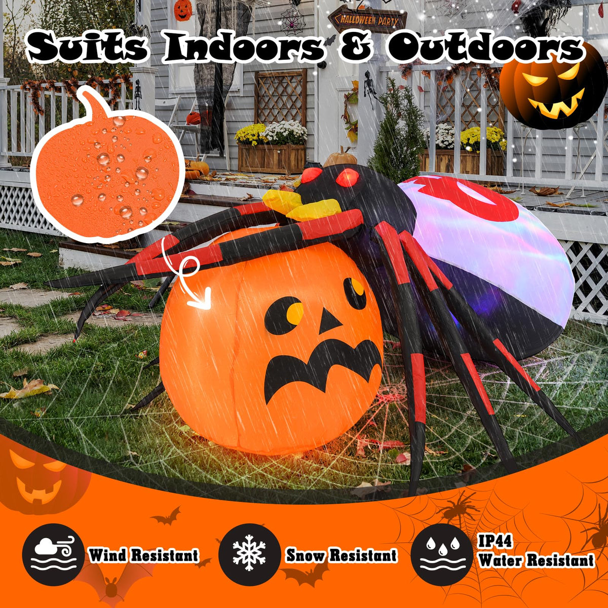 Lucktree 5 FT Halloween Inflatable Spider with Pumpkin, LED Lighted Halloween Decoration