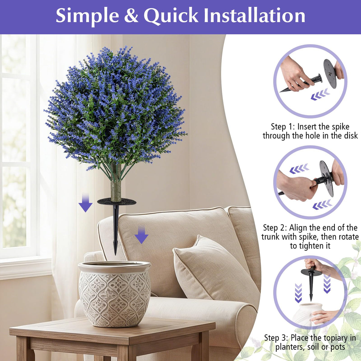 Lucktree Set of 2 Artificial Lavender Topiary Ball Trees | Sun-Proof Indoor Outdoor Fake Evergreen Plants