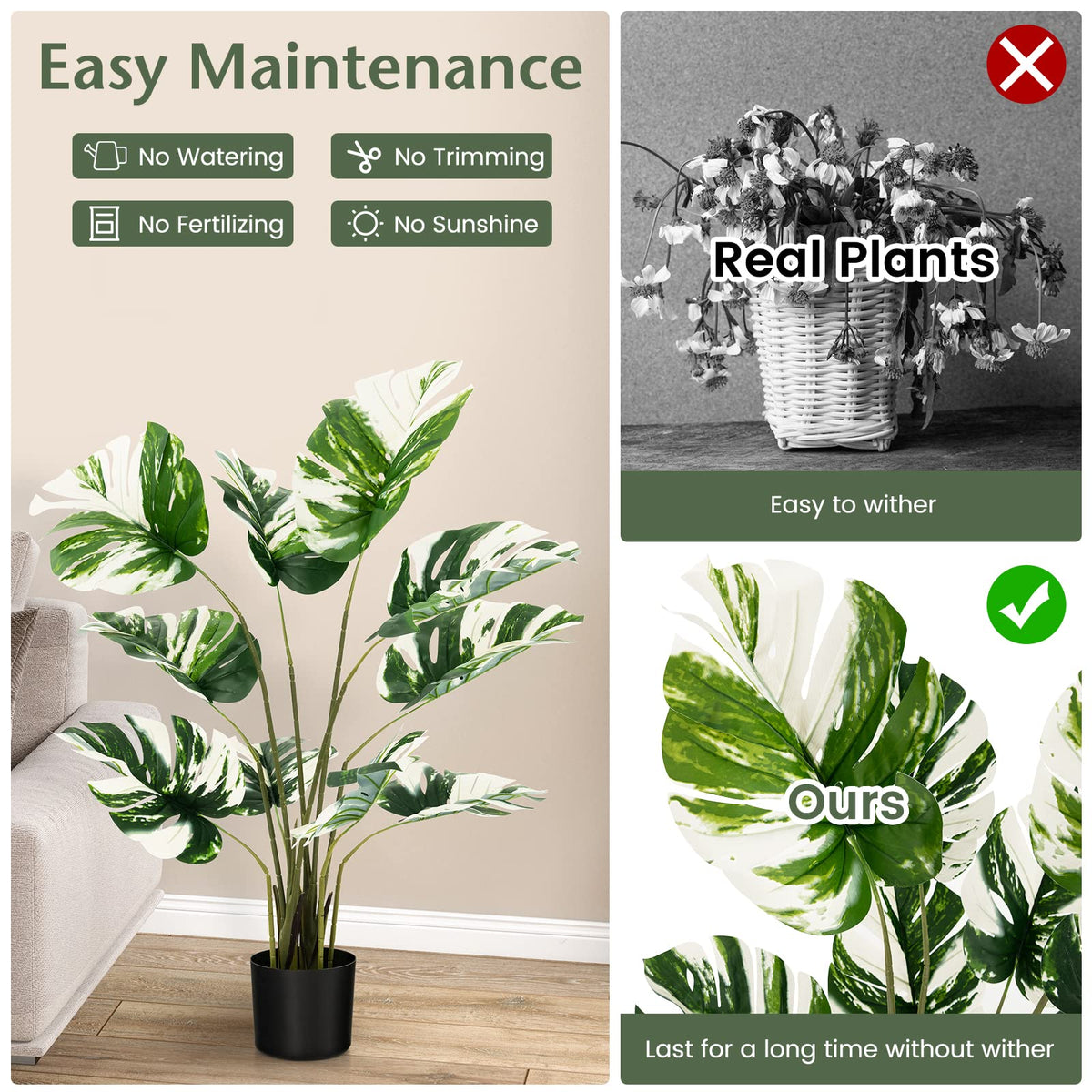 Lucktree 4ft Artificial Monstera Deliciosa Plant, 2 Pack Tall Fake Tropical Palm Tree in Pot with 10 Decorative Split Leaves