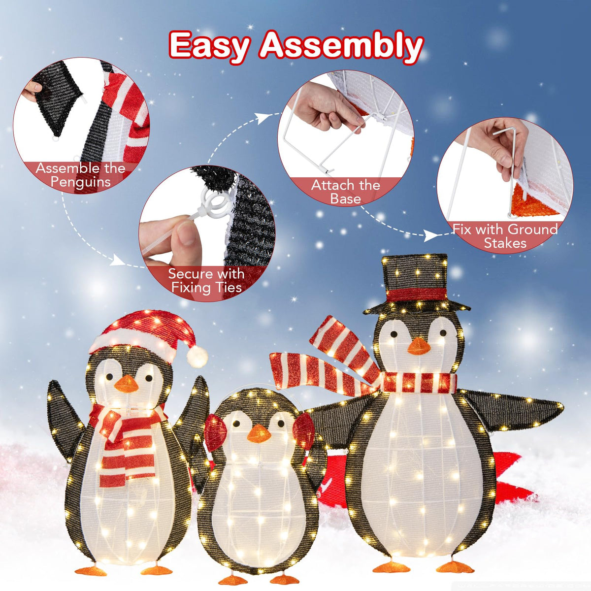 Lucktree Set of 3 Lighted Christmas Penguins with LED Lights Outdoor Glowing Holiday Display