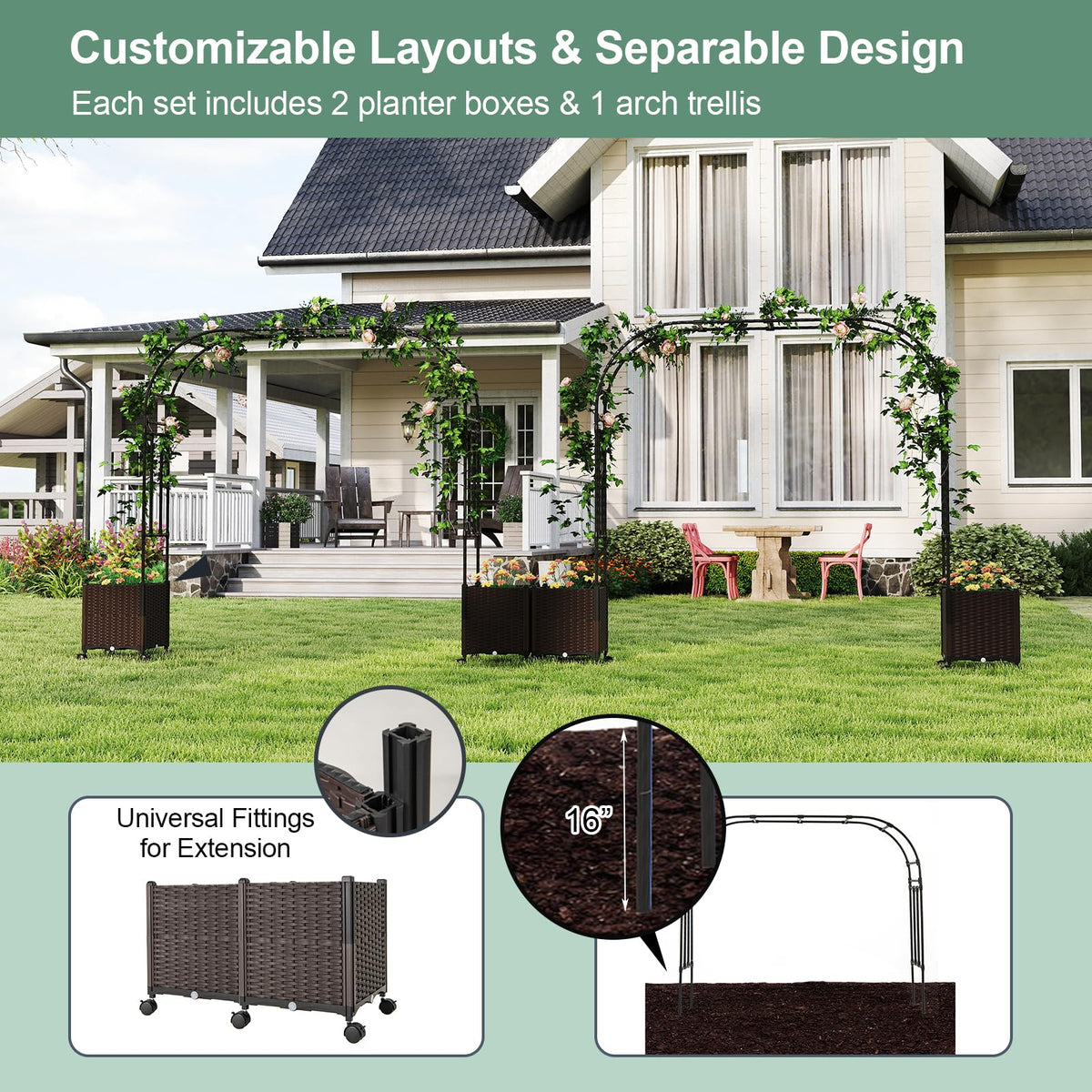 Lucktree 6.6 FT Garden Arch with Trellis and 2 Planter Boxes