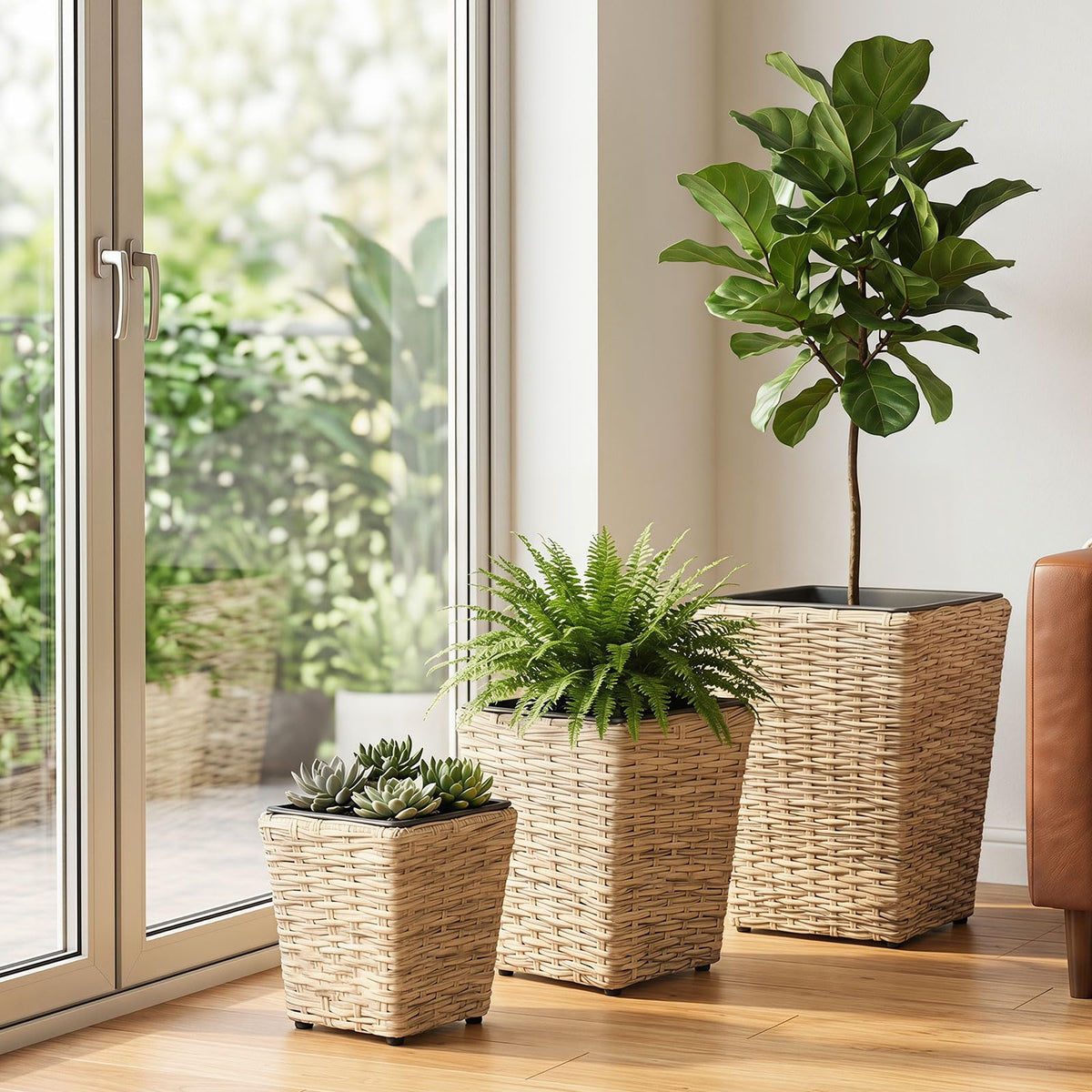 Lucktree 3-Piece Rattan Planter Box Kit with Removable Plastic Liners