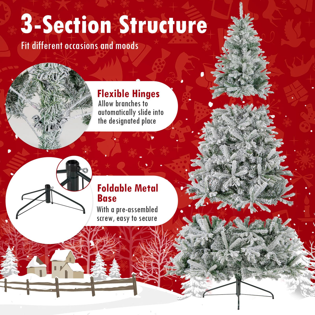 Lucktree 7 FT Half Snow Flocked Christmas Tree with 240 Warm White & Multicolored LED Lights