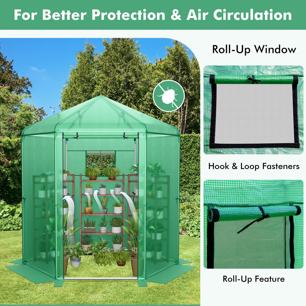 Lucktree 7 x 6 x 7.5 FT Greenhouse, Large Hexagonal Walk in Greenhouse Outdoor with Heavy-Duty Metal Frame