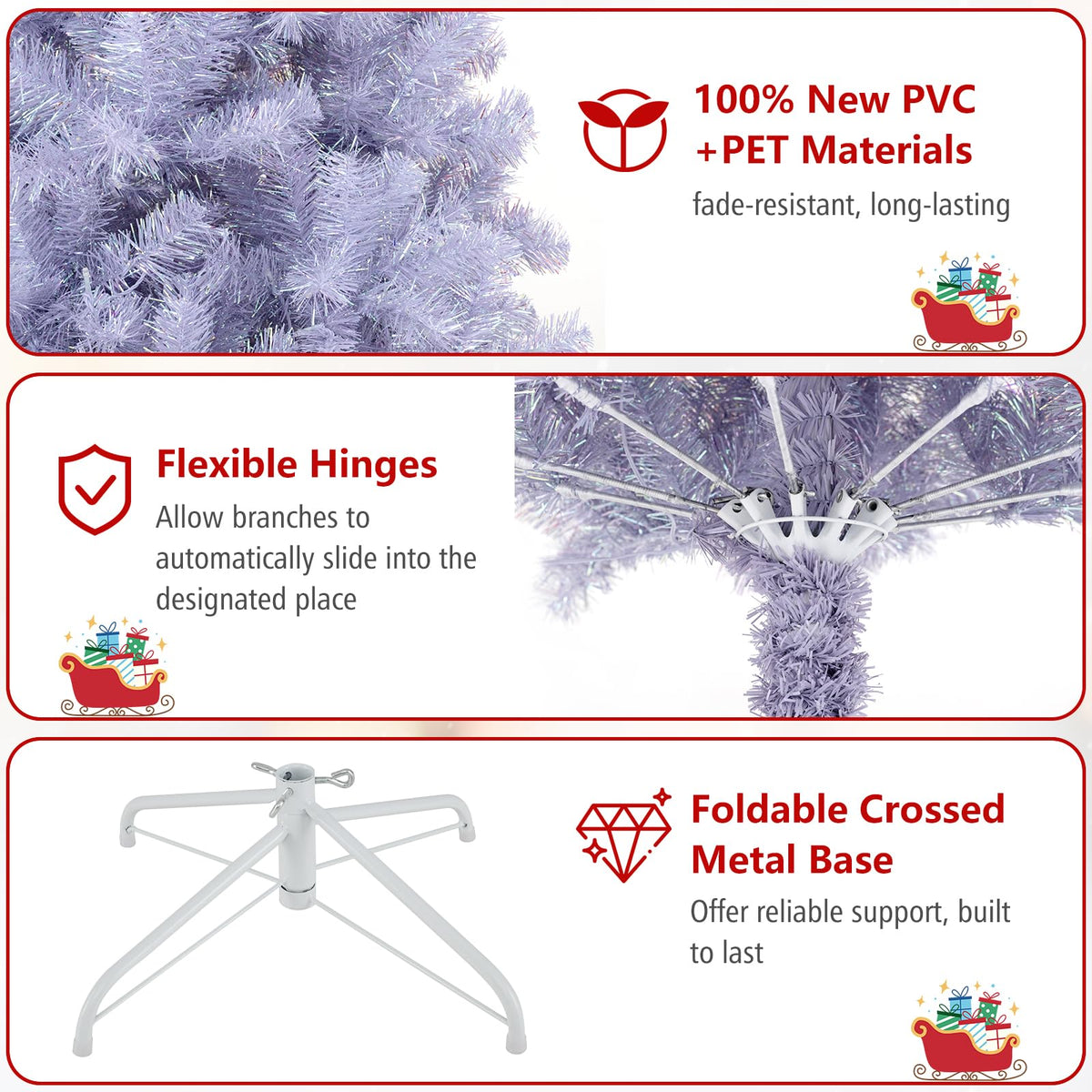 Lucktree 6FT / 7.5FT Pre-Lit Tinsel Christmas Tree with Warm White LED Lights