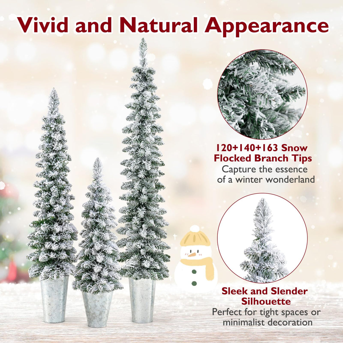 Lucktree 3' 4' 5' Pre-Lit Snow Flocked Christmas Tree Set of 3, Slim Pencil Artificial Potted Xmas Trees with 423 Branch Tips