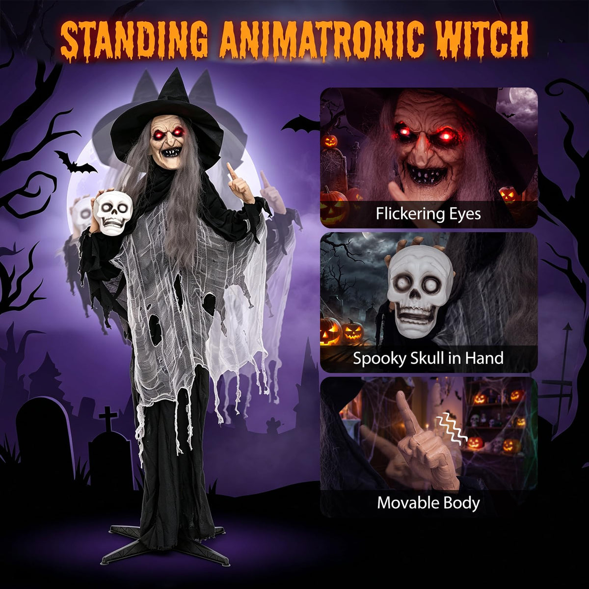 Lucktree 6.3 FT Animated Halloween Standing Talking Witch with Skull