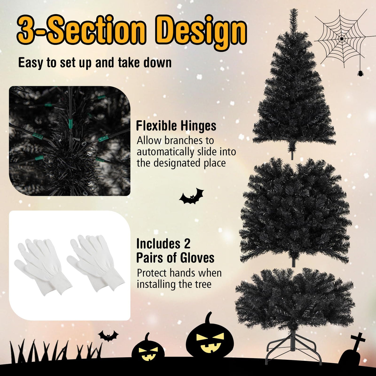 Lucktree Black Pencil Christmas Tree, Pre-lit Artificial Halloween Tree