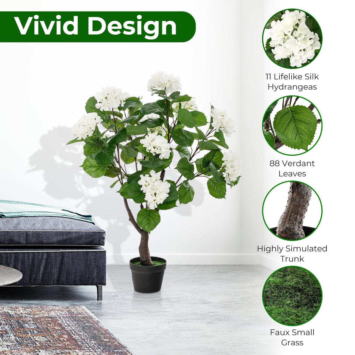 Lucktree Artificial Hydrangea Tree, 2 Pack Fake Floral Plant w/11 White Flowers & Realistic Trunk in Plastic Nursery Pot