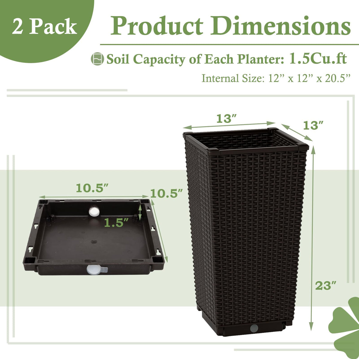 Lucktree Set of 2 Outdoor Wicker Flower Pot, 23 Inch Tall Planters with Drainage Hole, Self-Watering Tray